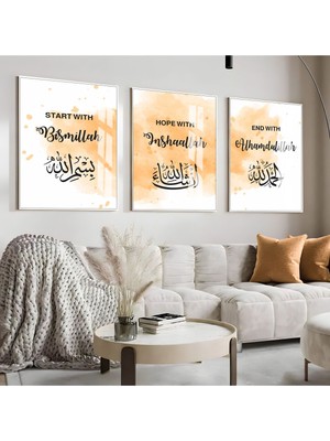 besmele-Elhamdulilllah-Inşallah Kombini |çerçeveli Cam Tablo  3lü Dikey