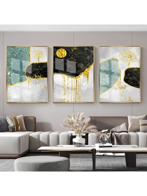 su Yeşili-Gold-Siyah Ağaç Desenli Kombin |çerçeveli Cam Tablo  3lü Dikey