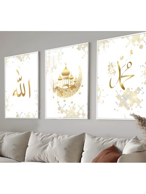 gold Allah-Cami Ay-Muhammed Islami Kombini |çerçeveli Cam Tablo  3lü Dikey