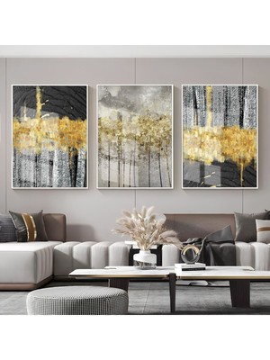 gri-Gold-Siyah Ağaç Desenli Soyut Kombini|çerçeveli Cam Tablo  3lü Dikey