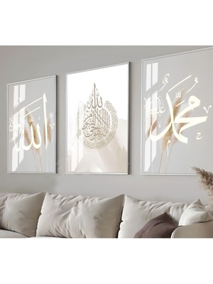 soft Bitkili Muhammed-Ayetel Kürsi-Muhammed Kombini|çerçeveli Cam Tablo 3lü Dikey