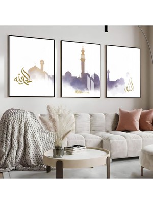 soft Mor-Krem Cami Islami Kombini 01|çerçeveli Cam Tablo  3lü Dikey