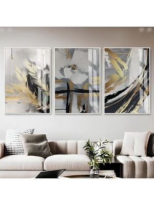gri Gold-Siyah Soyut Yaprak Çiçek Kombini|çerçeveli Cam Tablo  3lü Dikey