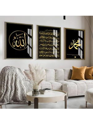 gold-Siyah Ayetel Kürsi-Allah-Hz. Muhammedi Kombin|çerçeveli Cam Tablo  3lü Dikey
