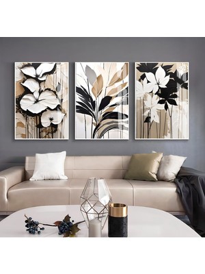 bej-Siyah-Beyaz Çiçekli Kombini |çerçeveli Cam Tablo  3lü Dikey