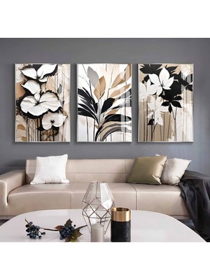 bej-Siyah-Beyaz Çiçekli Kombini |çerçeveli Cam Tablo  3lü Dikey