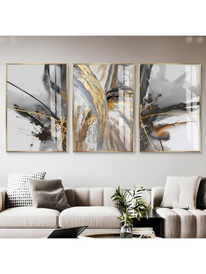 gri-Siyah-Gold Soyut Desen Kombini |çerçeveli Cam Tablo  3lü Dikey