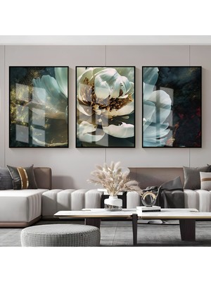 lacivert-Beyaz Çiçek Desenli Kombin |çerçeveli Cam Tablo  3lü Dikey