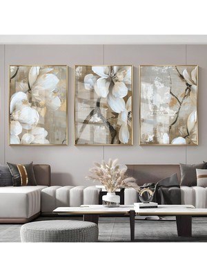 krem-Beyaz Çiçek Dallı Kombini|çerçeveli Cam Tablo  3lü Dikey