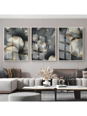 gold-Gri Soyut Çiçekli Kombini 01|çerçeveli Cam Tablo  3lü Dikey