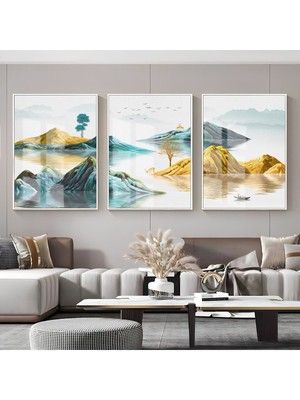 su Yeşili-Gold Dağ Manzara Kombini |çerçeveli Cam Tablo  3lü Dikey