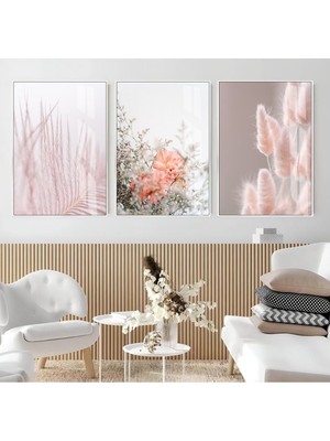 soft Pembe| Çiçek Kombini |çerçeveli Cam Tablo 3lü Dikey