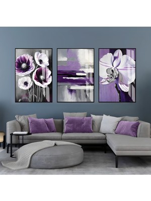 mor-Gri Soyut Çiçek Kombini Iıı |çerçeveli Cam Tablo  3lü Dikey