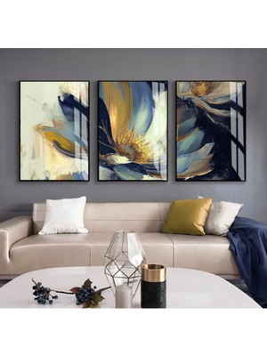 lacivert-Gold Çiçek Kombini |çerçeveli Cam Tablo  3lü Dikey