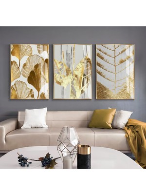 gri-Gold Soyut Çiçek Kombini |çerçeveli Cam Tablo  3lü Dikey