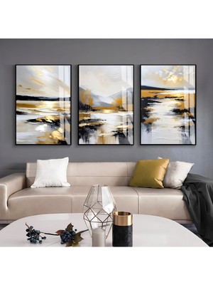 gri-God-Siyah Göl Manzara Kombini |çerçeveli Cam Tablo  3lü Dikey