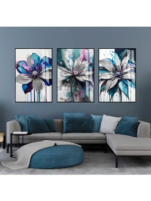 mor-Lacivert-Gri Çiçek Kombini |çerçeveli Cam Tablo  3lü Dikey