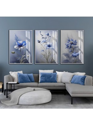 mavi-Gri Çiçekler  Kombini |çerçeveli Cam Tablo  3lü Dikey