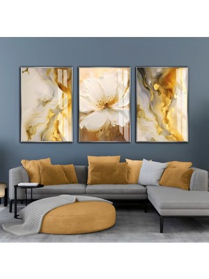 gri-Gold Soyut Soft Çiçek Kombini |çerçeveli Cam Tablo  3lü Dikey