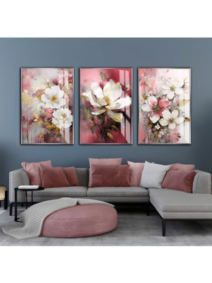 pembe-Gri-Gold Renk Soyut Çiçek K1 |çerçeveli Cam Tablo  3lü Dikey