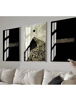gold-Siyah Azhap(21)-Anbiya(87)-Dağ Islami Kombin |çerçeveli Cam Tablo  3lü Dikey