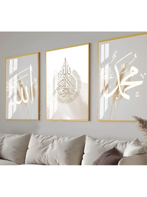 soft Bitkili Muhammed-Ayetel Kürsi-Muhammed Kombini|çerçeveli Cam Tablo 3lü Dikey