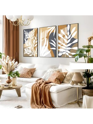 soft Krem-Beyaz Bohem Yapraklı Set 01 |çerçeveli Cam Tablo 3lü Dikey