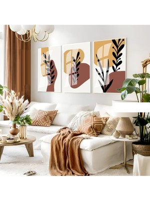 soft Sarı-Kahve Minimalist Yapraklı Set 04 |çerçeveli Cam Tablo 3lü Dikey