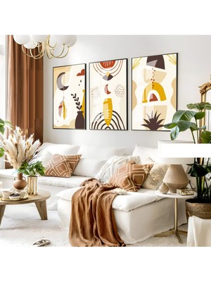 sarı-Krem Bohem Yapraklı Seti |çerçeveli Cam Tablo 3lü Dikey