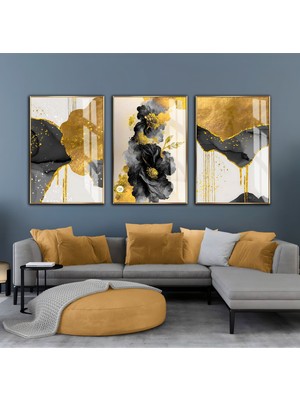 gri-Gold-Siyah Soyut Çiçek Kombini |çerçeveli Cam Tablo  3lü Dikey
