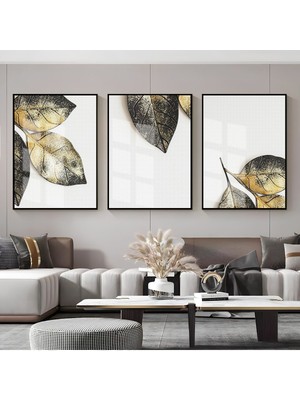 gri-Gold Yaprak Kombini 01 |çerçeveli Cam Tablo  3lü Dikey