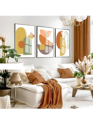turuncu Tonlar Geometrik Bohem Seti |çerçeveli Cam Tablo 3lü Dikey