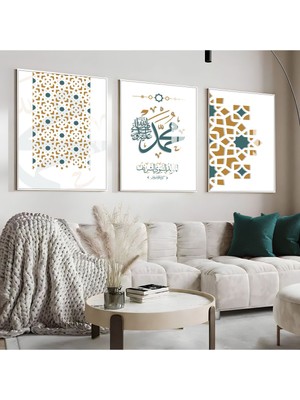 sarı-Turkuaz Islami Desen Hz. Muhammed Kombini |çerçeveli Cam Tablo  3lü Dikey