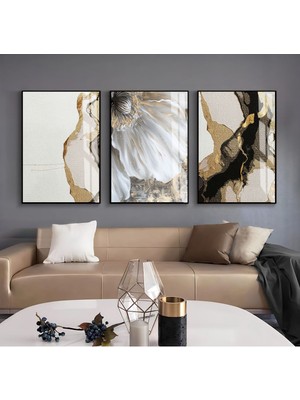 bronz-Gri-Krem Çiçek Detaylı Soyut Kombini |çerçeveli Cam Tablo  3lü Dikey