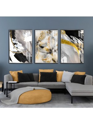 gri-Gold-Siyah Soyut Çiçek Kombini Iı |çerçeveli Cam Tablo  3lü Dikey
