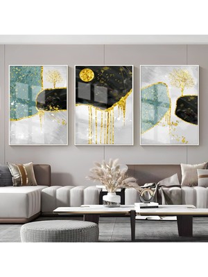 su Yeşili-Gold-Siyah Ağaç Desenli Kombin |çerçeveli Cam Tablo  3lü Dikey