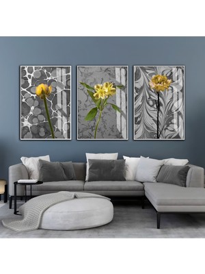 gri-Sarı Ebruli Desen Çiçek Kombini|çerçeveli Cam Tablo  3lü Dikey