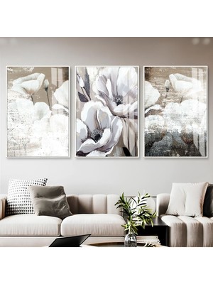 soft Beyaz-Bej Eskitme Tarz Çiçek Kombini |çerçeveli Cam Tablo  3lü Dikey