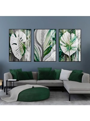 yeşil-Beyaz-Gri Yapraklar Kombini Iı |çerçeveli Cam Tablo  3lü Dikey
