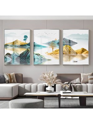 su Yeşili-Gold Dağ Manzara Kombini |çerçeveli Cam Tablo  3lü Dikey