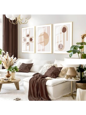 kahverengi-Krem Bohem Soyut Seti 4 |çerçeveli Cam Tablo 3lü Dikey