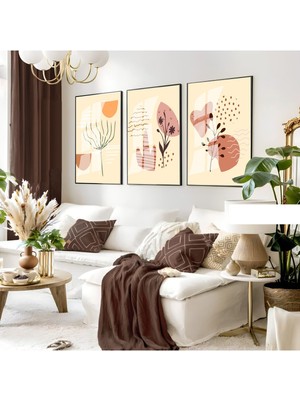 krem Minimalist Bohem Seti |çerçeveli Cam Tablo 3lü Dikey