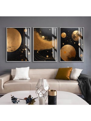 siyah-Gold Ay Desenli Soyut Kombini |çerçeveli Cam Tablo  3lü Dikey