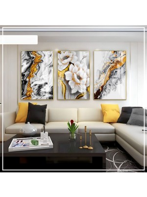 beyaz-Siyah-Gold Soft Renk Soyut Çiçek Kombini 01 |çerçeveli Cam Tablo 3lü Dikey