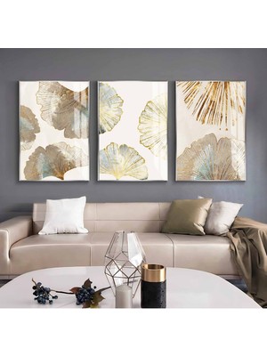 gold-Krem Soft Yaprak Kombini |çerçeveli Cam Tablo  3lü Dikey