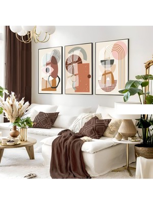 krem-Kahverengi Minimalist Bohem Seti |çerçeveli Cam Tablo 3lü Dikey