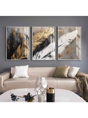 siyah-Gold-Beyaz Tüy Kombini |çerçeveli Cam Tablo  3lü Dikey