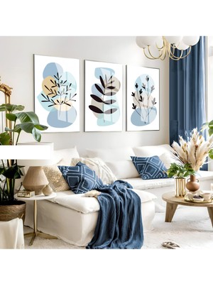 soft Gri Mavi Minimalist Yapraklı Set 03 |çerçeveli Cam Tablo 3lü Dikey