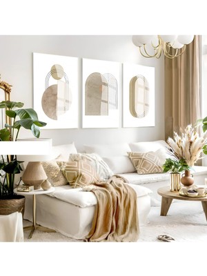bej-Krem Beyaz  Renk Minimalist Bohem Seti 39|çerçeveli Cam Tablo 3lü Dikey
