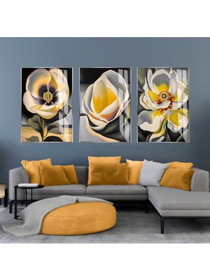 sarı-Gri Çiçek Kombini Iı |çerçeveli Cam Tablo  3lü Dikey